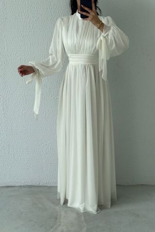 Glittered Hijab Evening Dress Ecru with Sleeve Detail