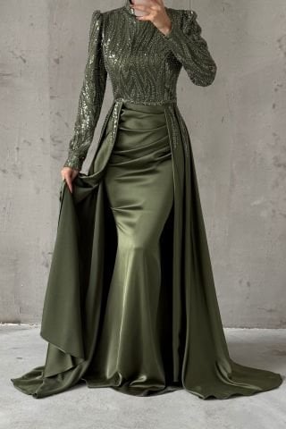 Unique Design Pleated Satin Hijab Evening Dress Khaki