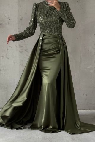 Unique Design Pleated Satin Hijab Evening Dress Khaki
