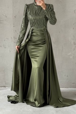 Eşsiz Tasarım Perelinli Saten Tesettür Abiye Haki