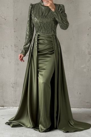 Unique Design Pleated Satin Hijab Evening Dress Khaki