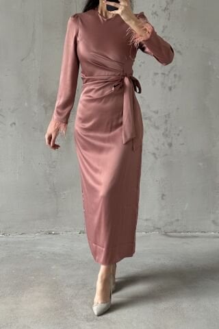 Pencil Satin Hijab Evening Dress with Feather Sleeves Plum