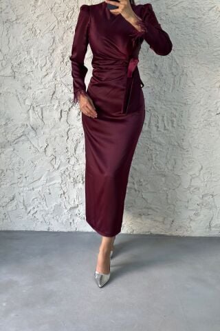 Kolu Tüylü Kalem Saten Tesettür Abiye Mürdüm