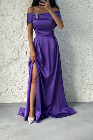 Üstü Taş Detaylı Yırtmaçlı Saten Abiye Lila