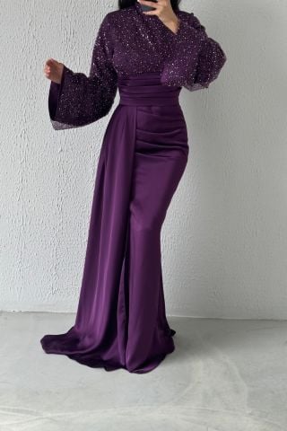 Kuyruk Detaylı Üstü Payet Saten Tesettür Abiye Mor