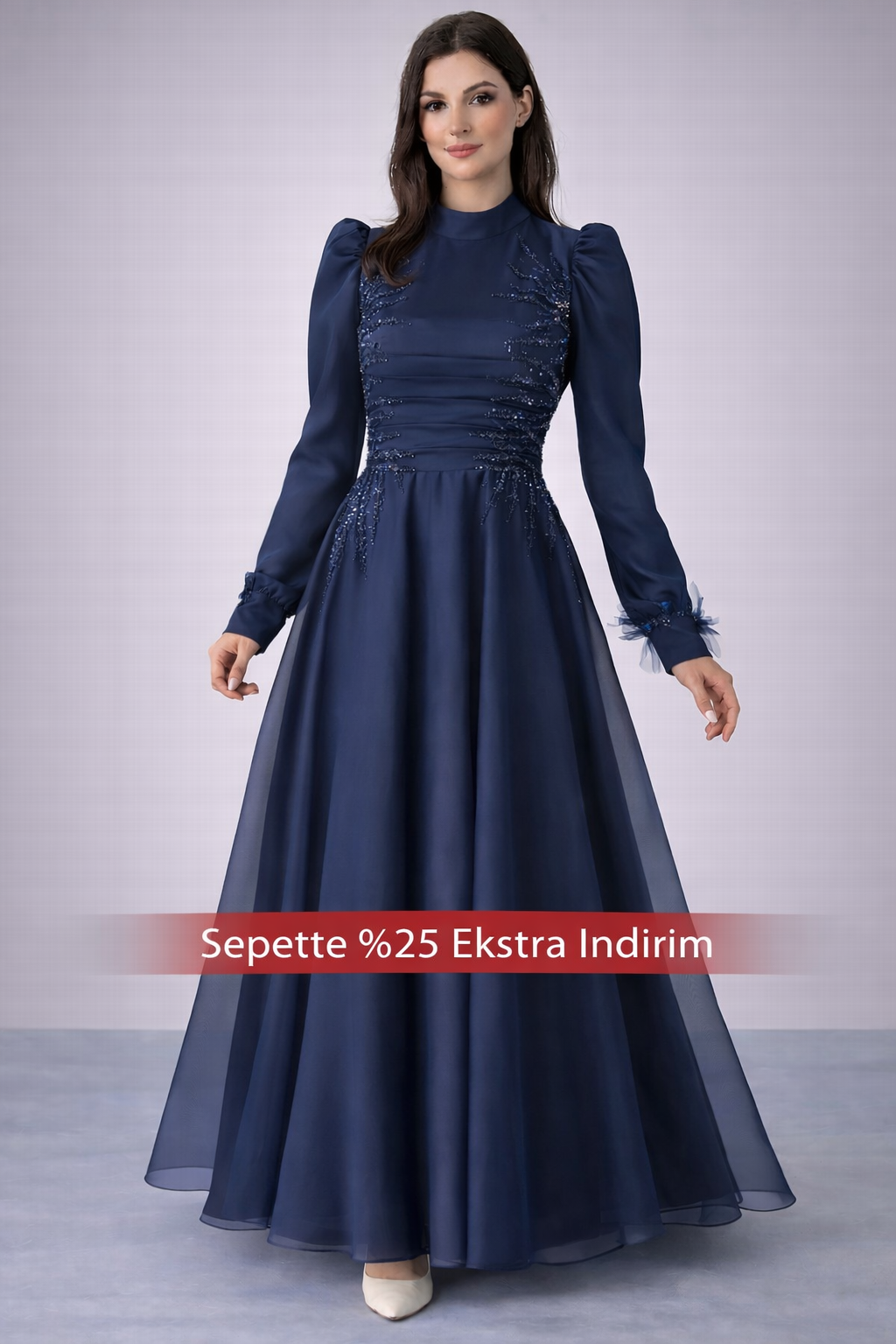 Zarif Taş İşlemeli Piliseli Organze Tesettür Abiye Lacivert