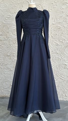 Zarif Taş İşlemeli Piliseli Organze Tesettür Abiye Lacivert