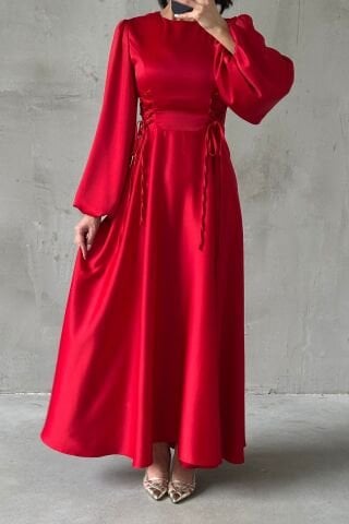 Waist-Tie Balloon Sleeve Satin Hijab Evening Dress Red