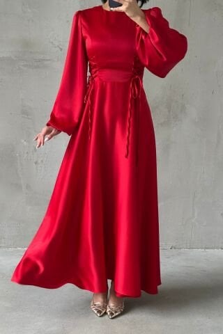 Waist-Tie Balloon Sleeve Satin Hijab Evening Dress Red