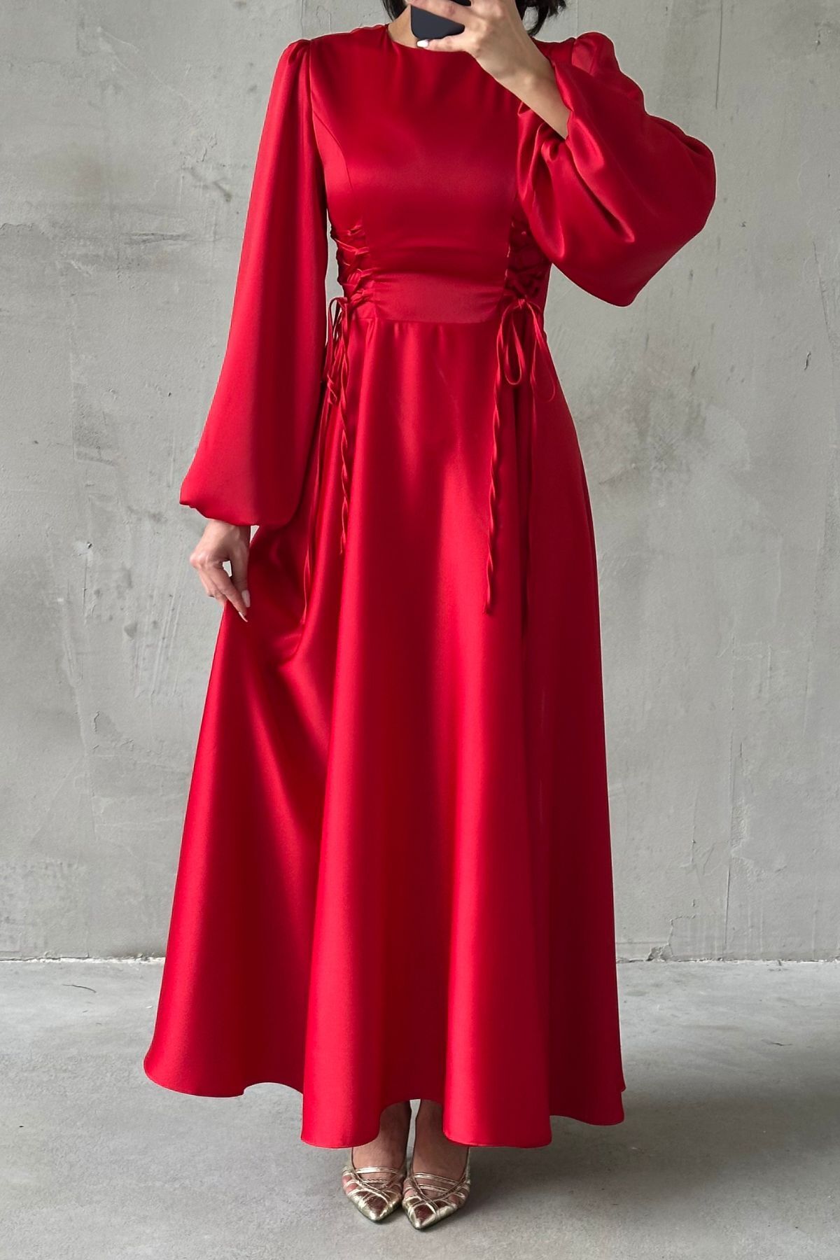 Waist-Tie Balloon Sleeve Satin Hijab Evening Dress Red