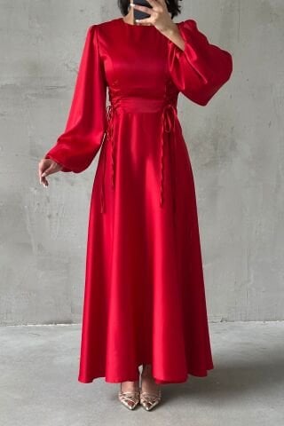 Waist-Tie Balloon Sleeve Satin Hijab Evening Dress Red