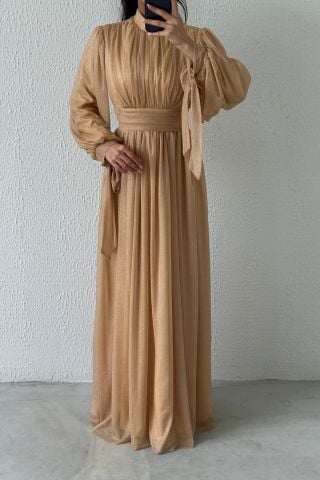 Silvery Hijab Evening Dress with Sleeve Detail Copper