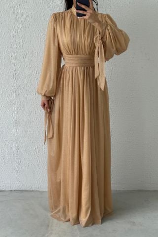 Silvery Hijab Evening Dress with Sleeve Detail Copper