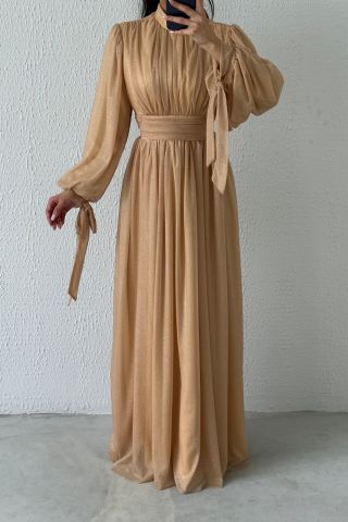 Silvery Hijab Evening Dress with Sleeve Detail Copper