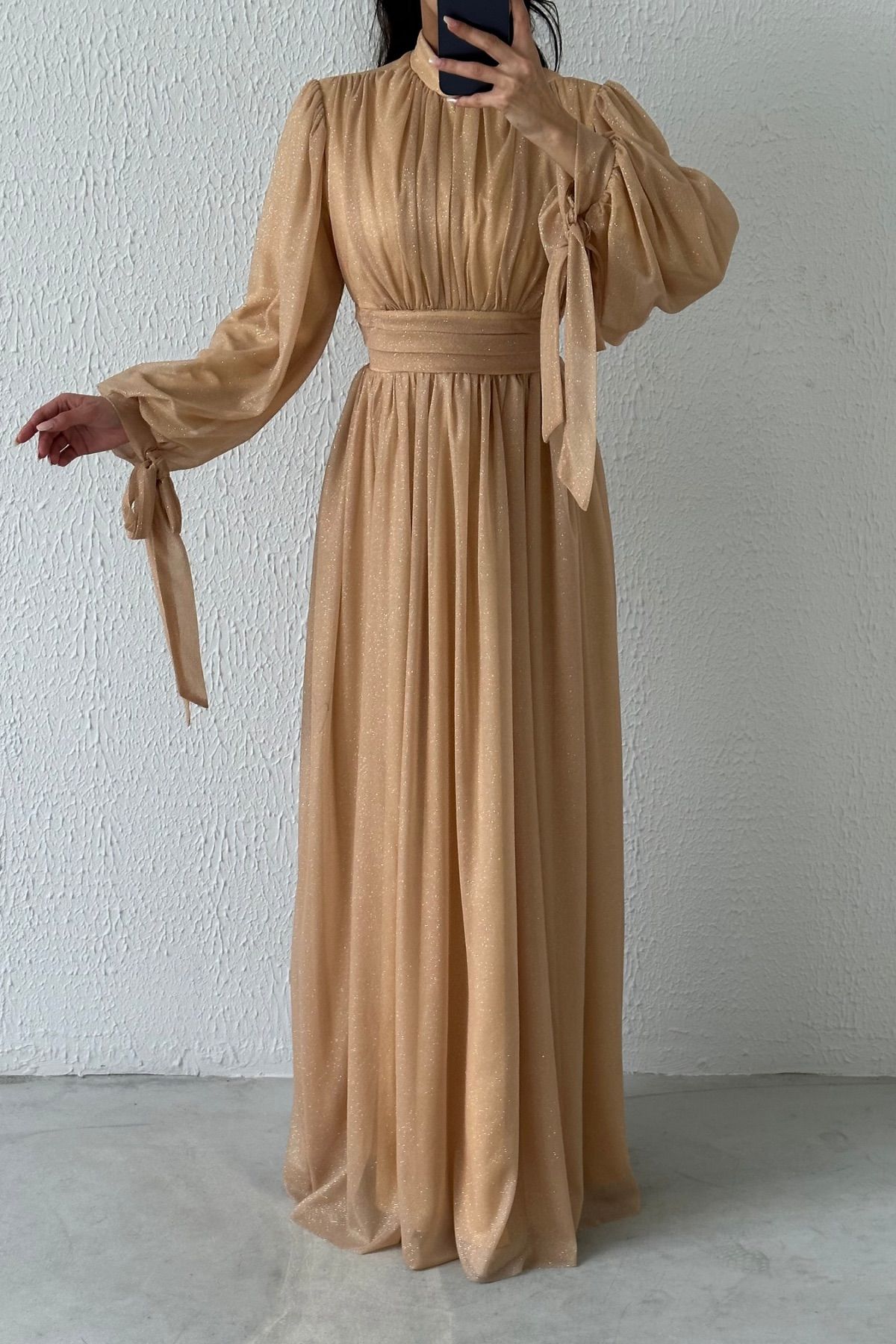 Silvery Hijab Evening Dress with Sleeve Detail Copper