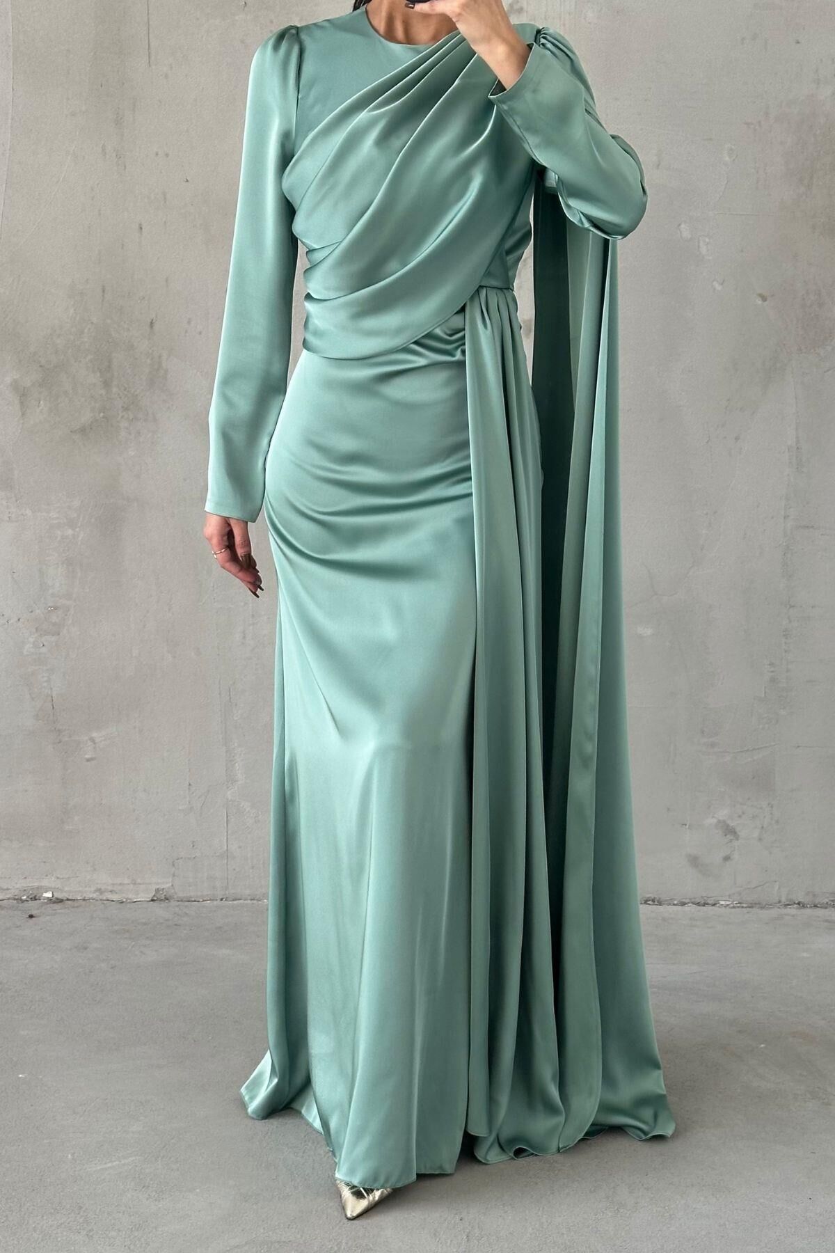 Lavina Satin Modest Evening Dress Mint Green