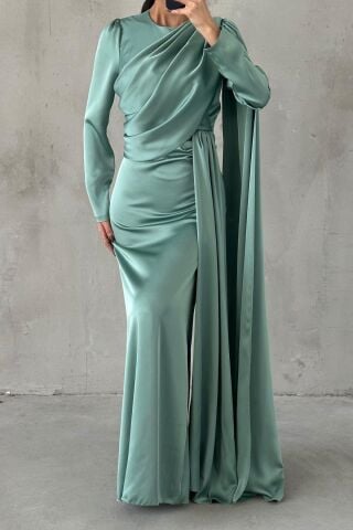 Lavina Satin Modest Evening Dress Mint Green