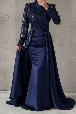 Unique Design Pleated Satin Hijab Evening Dress Navy Blue