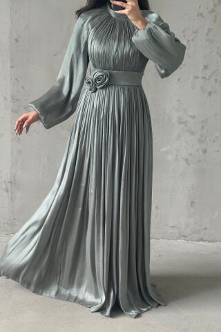 Kuşak Ve Broş Detaylı Janjan Tesettür Abiye Mint Yeşili