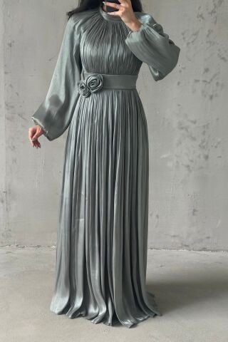 Kuşak Ve Broş Detaylı Janjan Tesettür Abiye Mint Yeşili