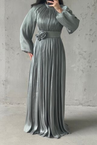 Kuşak Ve Broş Detaylı Janjan Tesettür Abiye Mint Yeşili