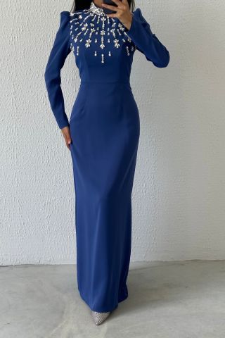 Shining Elegance: Stone Detailed Satin Hijab Evening Dress Indigo