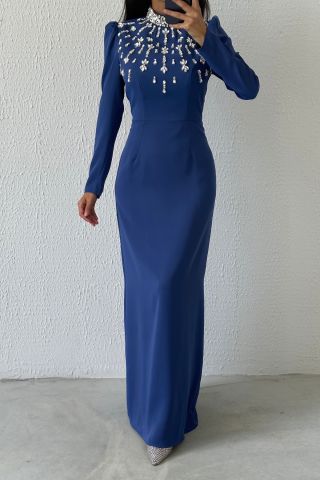 Shining Elegance: Stone Detailed Satin Hijab Evening Dress Indigo