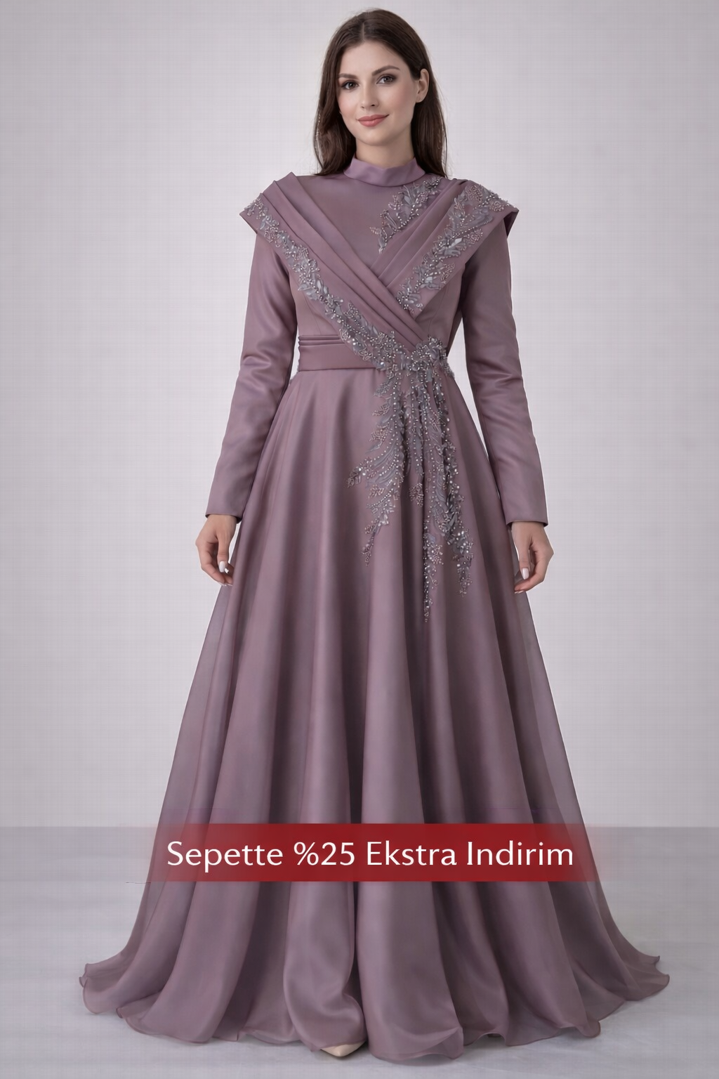 İşleme Detaylı Organze Tesettür Abiye Lila