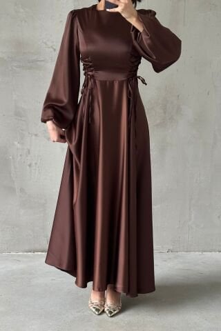 Belden Bağlamalı Balon Kol Saten Tesettür Abiye Kahverengi