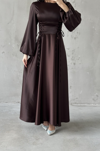 Waist-Tie Balloon Sleeve Satin Hijab Evening Dress Brown