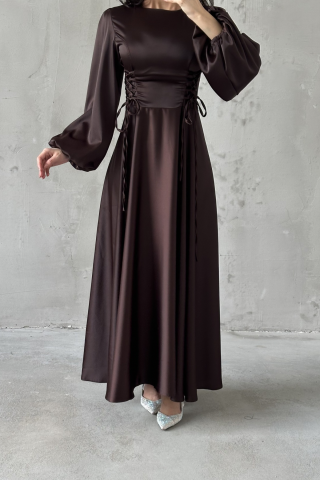 Belden Bağlamalı Balon Kol Saten Tesettür Abiye Kahverengi