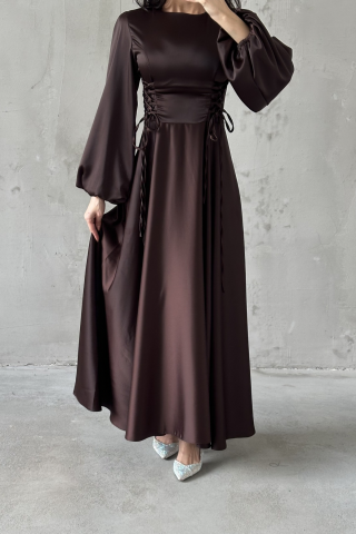 Belden Bağlamalı Balon Kol Saten Tesettür Abiye Kahverengi