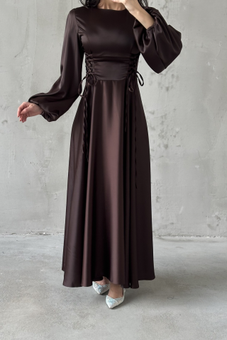 Belden Bağlamalı Balon Kol Saten Tesettür Abiye Kahverengi
