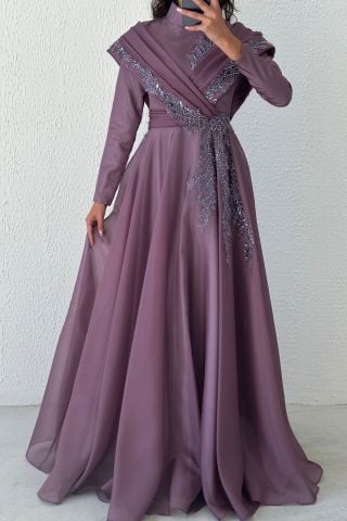 İşleme Detaylı Organze Tesettür Abiye Lila