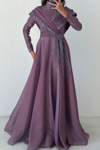 İşleme Detaylı Organze Tesettür Abiye Lila
