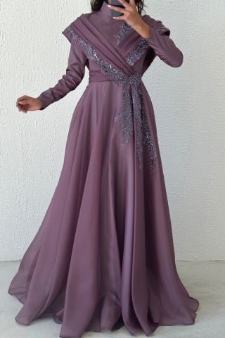 İşleme Detaylı Organze Tesettür Abiye Lila