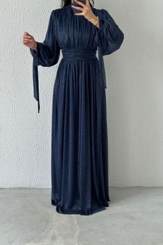 Silvery Hijab Evening Dress with Sleeve Detail Navy Blue
