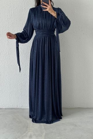 Koldan Detaylı Simli Tesettür Abiye Lacivert