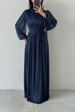 Silvery Hijab Evening Dress with Sleeve Detail Navy Blue