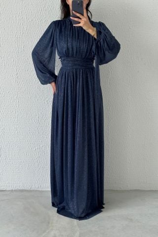 Koldan Detaylı Simli Tesettür Abiye Lacivert