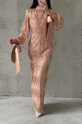 Işıltılı Özel İşlemeli Tesettür Abiye Pudra