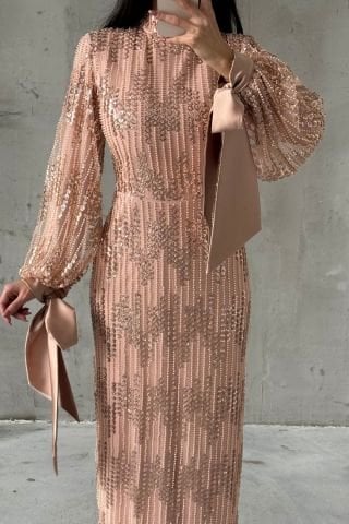 Sparkly Special Embroidered Hijab Evening Dress Powder