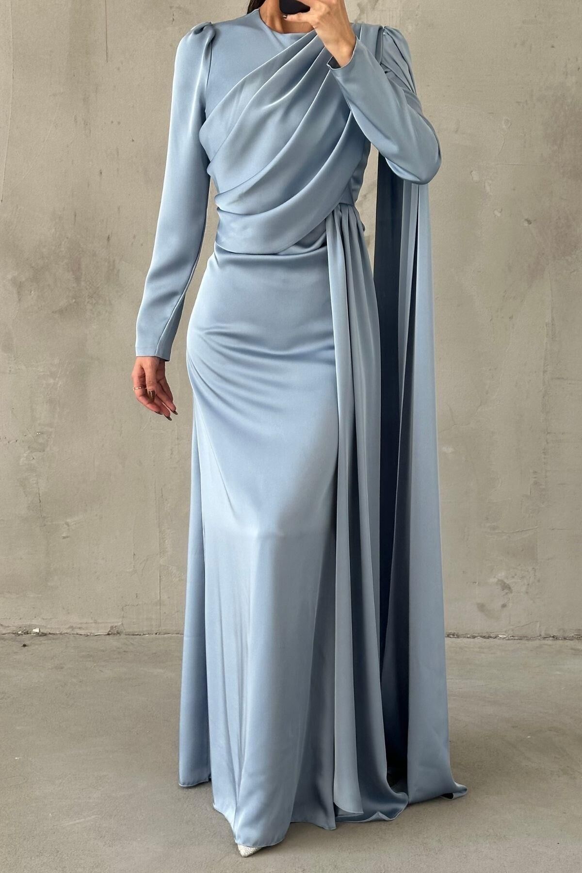 Lavina Satin Modest Evening Dress Indigo