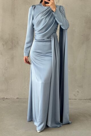 Lavina Satin Modest Evening Dress Indigo