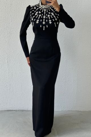 Shining Elegance: Stone Detailed Satin Hijab Evening Dress Black