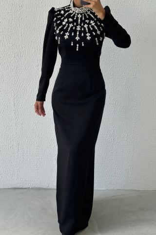 Shining Elegance: Stone Detailed Satin Hijab Evening Dress Black