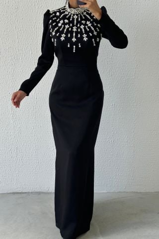 Shining Elegance: Stone Detailed Satin Hijab Evening Dress Black