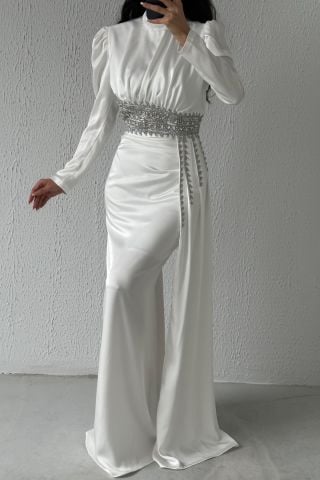 Stylish Satin Hijab Evening Dress Ecru with Stone Detailed Train