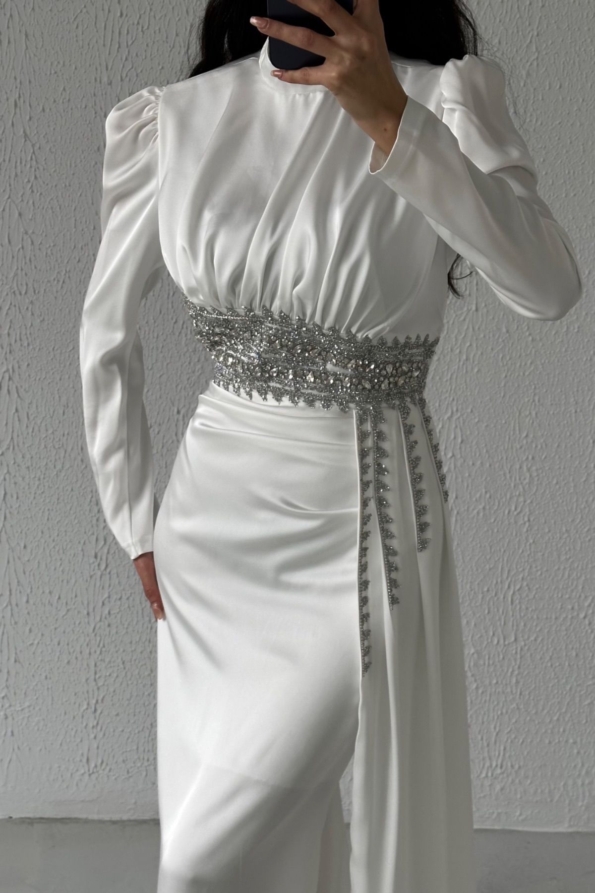 Stylish Satin Hijab Evening Dress Ecru with Stone Detailed Train
