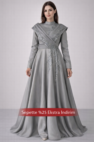 İşleme Detaylı Organze Tesettür Abiye Gri